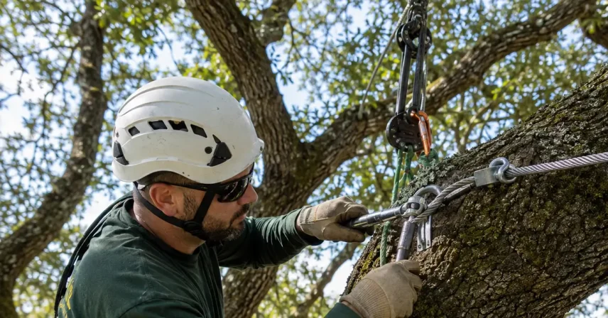 ISA Certified Arborist installing tree cabling on a mature willow oak in Columbia, SC to reduce storm damage and branch failure