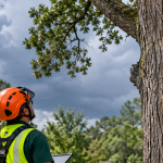 Image Alt Text: Arborist assessing a lightning-damaged tree in Lexington, SC